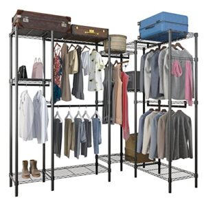 karl home 70.8" h l-shaped freestanding garment rack, adjustable wire clothes rack closet organizer with 8 shelves 6 hanging rods 4 hooks, heavy duty clothing wardrobe industrial storage black metal