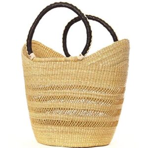 Large Dye Free Yikene Shopper -Ghana Bolga Basket Fair Trade - 16"-19" Across - Black & Tan Handles