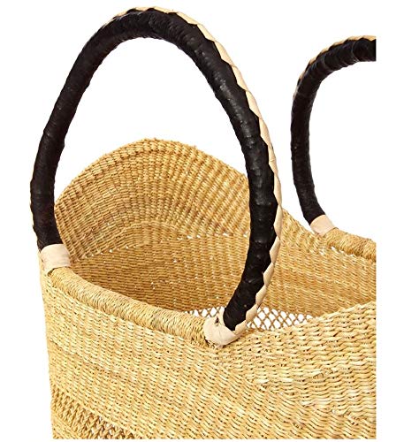 Large Dye Free Yikene Shopper -Ghana Bolga Basket Fair Trade - 16"-19" Across - Black & Tan Handles