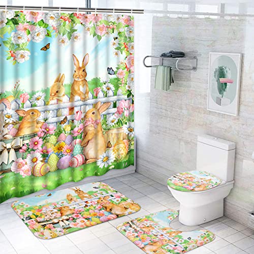 Likiyol 4 Pcs Easter Shower Curtain Sets with Non-Slip Rugs, Toilet Lid Cover and Bath Mat, Bunny Rabbit Shower Curtain with 12 Hooks, Spring Floral Easter Bathroom Set