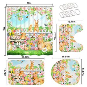 Likiyol 4 Pcs Easter Shower Curtain Sets with Non-Slip Rugs, Toilet Lid Cover and Bath Mat, Bunny Rabbit Shower Curtain with 12 Hooks, Spring Floral Easter Bathroom Set