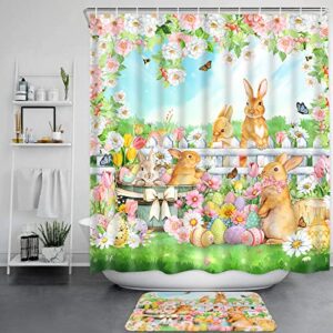 Likiyol 4 Pcs Easter Shower Curtain Sets with Non-Slip Rugs, Toilet Lid Cover and Bath Mat, Bunny Rabbit Shower Curtain with 12 Hooks, Spring Floral Easter Bathroom Set