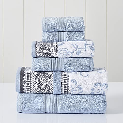 Modern Threads 6 Piece Set, 2 Bath Towels, 2 Hand Towels, 2 Washcloths Yarn Dyed Jacquard/Solid Towel Set Ophelia Blue