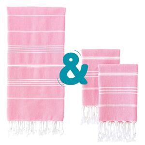 wetcat bundle: turkish bath towel (38 x 71) and turkish hand towels (20 x 30, set of 2) - 100% cotton, prewashed for soft feel - light pink towels & light pink kitchen accessories and decor