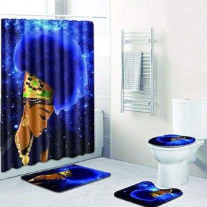 hartop 4 pack set creative colorful printing toilet pad cover bath mat shower curtain set for bathroom decor, 1 shower curtain, 3 toilet mat (african woman galaxy)