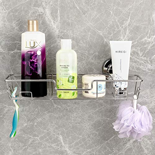 iPEGTOP L-4C Strong Suction Cup Adhesive Shower Caddy Bath Shelf Storage with 4 Side Hooks, Combo Organizer Basket for Shampoo, Conditioner, Soap, Razor Bathroom Accessories, Chrome