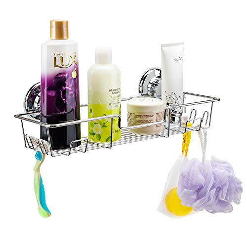 iPEGTOP L-4C Strong Suction Cup Adhesive Shower Caddy Bath Shelf Storage with 4 Side Hooks, Combo Organizer Basket for Shampoo, Conditioner, Soap, Razor Bathroom Accessories, Chrome