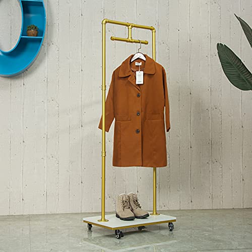 Ethemiable Industrial Pipe and Wood Rolling Clothing Retail Store Display Stands, Entrance Porch Organization Hanging Garment Rack,Wall Mounted Storage Clothes Towel Shoe Bag Pipe Shelf (Gold)