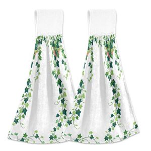 ivy leaves on the white 2 pcs hanging kitchen hand towels, hanging tie towels with hook & loop washcloth dishcloths sets decorative absorbent tea bar bath hand towel