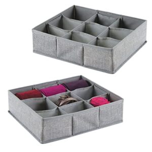 mdesign soft fabric dresser drawer and closet storage organizer bin for lingerie, bras, socks, nylons, ties, belts, tank tops, small accessories - divided 9 section tray, textured print, 2 pack - gray