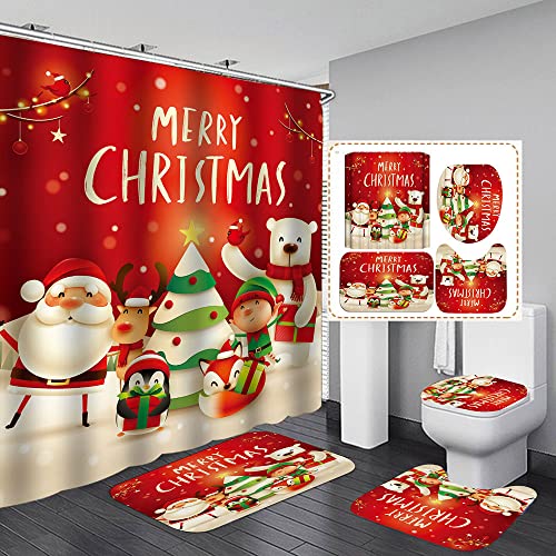 SENMULIN Christmas Bathroom Sets 4-Piece Set Christmas Shower Curtain Sets with Waterproof Shower Curtain, Non-Slip Bathroom Carpet, Bath Mat, Toilet Lid Cover（Family）