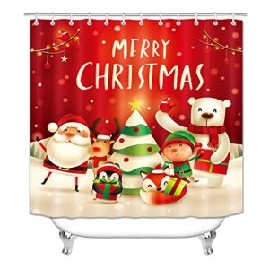 SENMULIN Christmas Bathroom Sets 4-Piece Set Christmas Shower Curtain Sets with Waterproof Shower Curtain, Non-Slip Bathroom Carpet, Bath Mat, Toilet Lid Cover（Family）