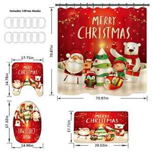 SENMULIN Christmas Bathroom Sets 4-Piece Set Christmas Shower Curtain Sets with Waterproof Shower Curtain, Non-Slip Bathroom Carpet, Bath Mat, Toilet Lid Cover（Family）