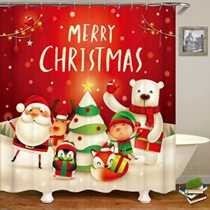 SENMULIN Christmas Bathroom Sets 4-Piece Set Christmas Shower Curtain Sets with Waterproof Shower Curtain, Non-Slip Bathroom Carpet, Bath Mat, Toilet Lid Cover（Family）