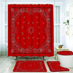 4pcs bandana in red paisley pattern shower curtain sets with non slip rugs,toilet lid cover and bath mat,durable waterproof bath curtain 71x71 12 hooks_zmyixcj