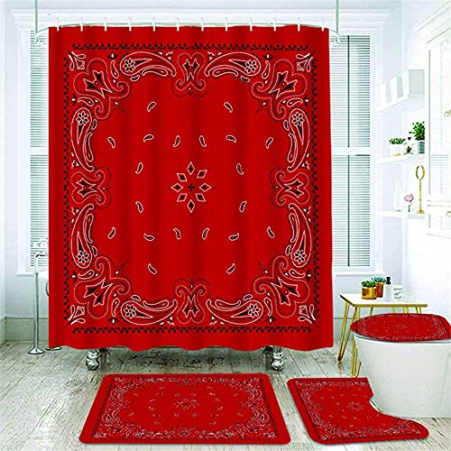 4Pcs Bandana in Red Paisley Pattern Shower Curtain Sets with Non Slip Rugs,Toilet Lid Cover and Bath Mat,Durable Waterproof Bath Curtain 71x71 12 Hooks_ZMYIXCJ