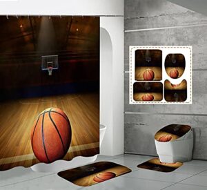 ceryuee basketball shower curtain sets with rugs 4 piece bath curtains bathroom decor with toilet lid cover, 72"x72"