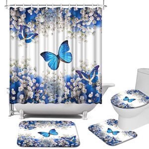 atgowac 4 pieces flower and butterfly shower curtain sets with rugs, romantic blue butterfly shower curtain