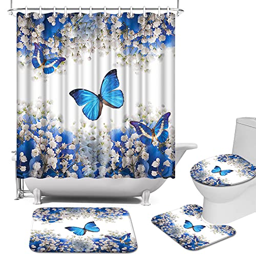 AtGoWac 4 Pieces Flower and Butterfly Shower Curtain Sets with Rugs, Romantic Blue Butterfly Shower Curtain