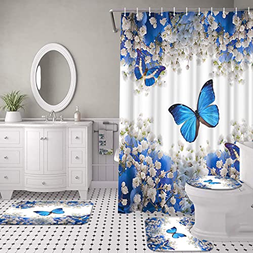 AtGoWac 4 Pieces Flower and Butterfly Shower Curtain Sets with Rugs, Romantic Blue Butterfly Shower Curtain