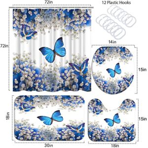 AtGoWac 4 Pieces Flower and Butterfly Shower Curtain Sets with Rugs, Romantic Blue Butterfly Shower Curtain