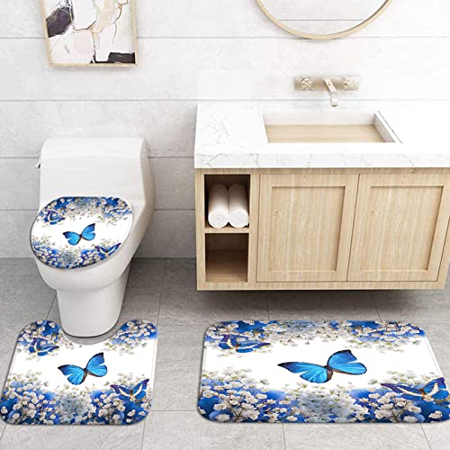 AtGoWac 4 Pieces Flower and Butterfly Shower Curtain Sets with Rugs, Romantic Blue Butterfly Shower Curtain