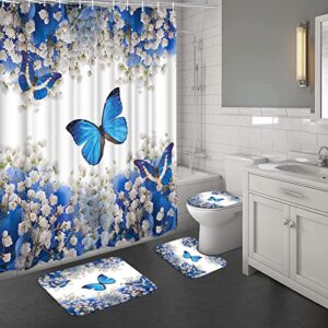 AtGoWac 4 Pieces Flower and Butterfly Shower Curtain Sets with Rugs, Romantic Blue Butterfly Shower Curtain