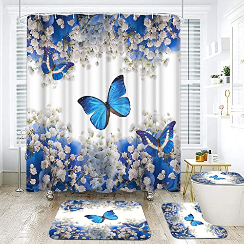 AtGoWac 4 Pieces Flower and Butterfly Shower Curtain Sets with Rugs, Romantic Blue Butterfly Shower Curtain