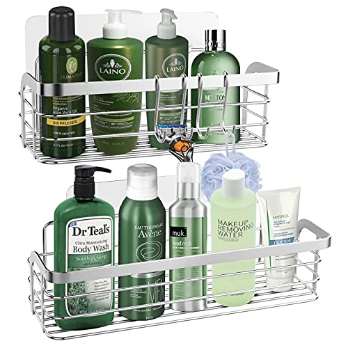 Adhesive Shower Caddy (2 Pack), Bathroom Shelves with 2 Double-Hooks, 100% SUS304 Stainless Steel Bathroom Organizer for Organization and Storage, Silver…