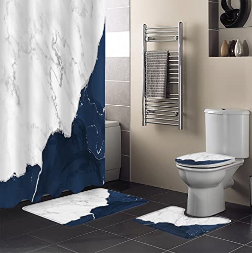 Sabolny Marble Navy Blue 4Pcs Bath Set Home Decor, Bathroom Waterproof Shower Curtain with Hook, Large Runner Rugs, Toilet Lid Cover and U-Shaped Bath Mat, 66"x72" Aesthetic White Gray Modern Silver