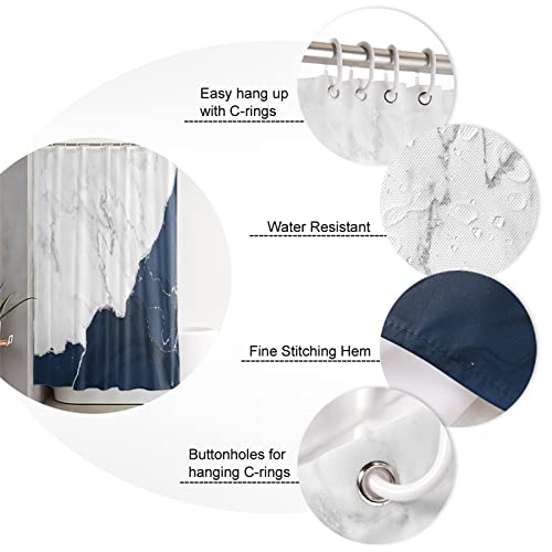 Sabolny Marble Navy Blue 4Pcs Bath Set Home Decor, Bathroom Waterproof Shower Curtain with Hook, Large Runner Rugs, Toilet Lid Cover and U-Shaped Bath Mat, 66"x72" Aesthetic White Gray Modern Silver