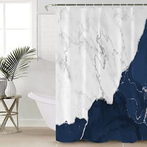 Sabolny Marble Navy Blue 4Pcs Bath Set Home Decor, Bathroom Waterproof Shower Curtain with Hook, Large Runner Rugs, Toilet Lid Cover and U-Shaped Bath Mat, 66"x72" Aesthetic White Gray Modern Silver