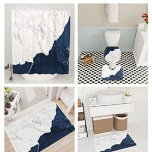 Sabolny Marble Navy Blue 4Pcs Bath Set Home Decor, Bathroom Waterproof Shower Curtain with Hook, Large Runner Rugs, Toilet Lid Cover and U-Shaped Bath Mat, 66"x72" Aesthetic White Gray Modern Silver