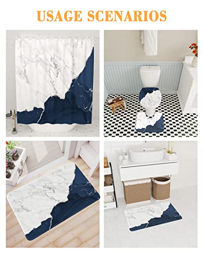 Sabolny Marble Navy Blue 4Pcs Bath Set Home Decor, Bathroom Waterproof Shower Curtain with Hook, Large Runner Rugs, Toilet Lid Cover and U-Shaped Bath Mat, 66"x72" Aesthetic White Gray Modern Silver