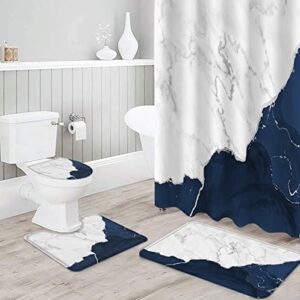 Sabolny Marble Navy Blue 4Pcs Bath Set Home Decor, Bathroom Waterproof Shower Curtain with Hook, Large Runner Rugs, Toilet Lid Cover and U-Shaped Bath Mat, 66"x72" Aesthetic White Gray Modern Silver