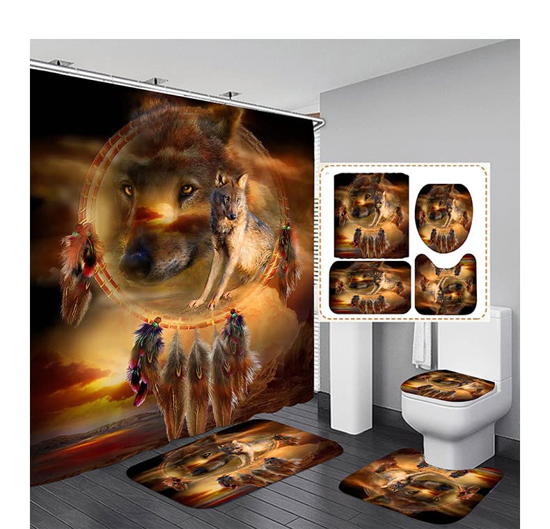 StarBlue-HGS Dream Catcher Wolf King Waterproof Shower Curtain Set Setting Sun Tribal Animal Wolf Bathroom Bathtub Mat Toilet Cover Mat Set