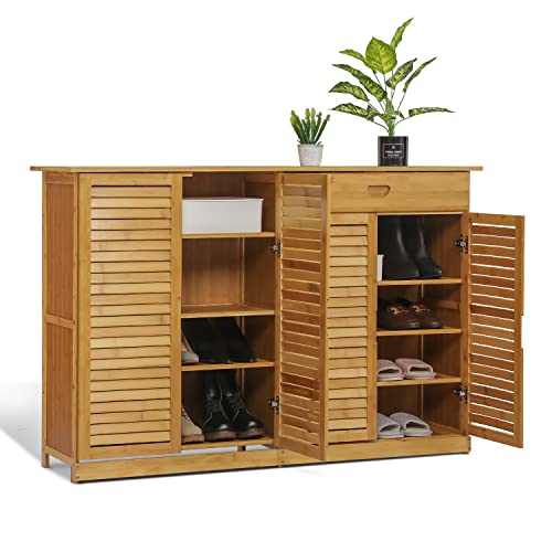 MoNiBloom Bamboo Shoe Storage Cabinet with 2 Double Shutter Doors & 1 Drawer for 21-25 Pairs Living Room Entryway Hallway Bedroom, Natural