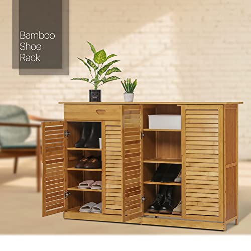 MoNiBloom Bamboo Shoe Storage Cabinet with 2 Double Shutter Doors & 1 Drawer for 21-25 Pairs Living Room Entryway Hallway Bedroom, Natural