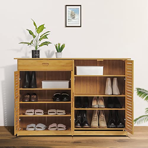 MoNiBloom Bamboo Shoe Storage Cabinet with 2 Double Shutter Doors & 1 Drawer for 21-25 Pairs Living Room Entryway Hallway Bedroom, Natural