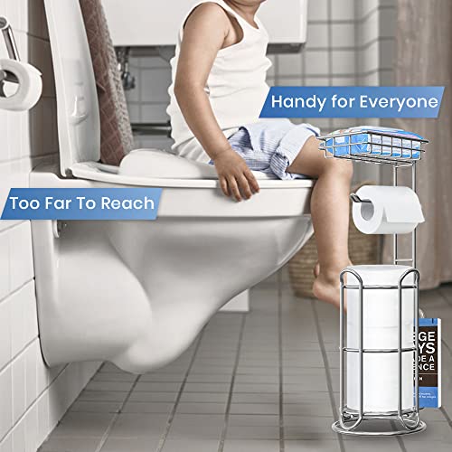 Mega Roll Toilet Paper Holder Stainless Steel Bathroom Tissue Holder Stand TP Dispenser with Phone/Wipe Shelf & Magazine Rack Free Standing-Chrome