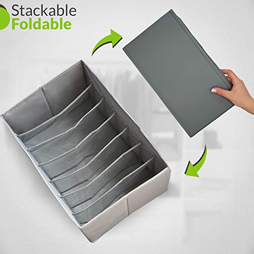 7 Grids Wardrobe Clothes Organizer 2PCS, HM-Organize Stackable Foldable Compartment Storage Box for Jeans, Socks, Scarves, Leggings, T-shirt, Pants, Underwear in Dressing room (Gray), 14.2x9.8x8