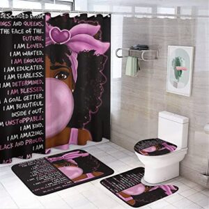 apojdsn african black women bathroom shower curtain sets with rugs, black girl shower accessories and bathroom decor,70.9'' length 4-piece set - 1 shower curtain & 3 toilet mat and lid cover