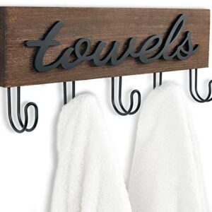 Mkono Towel Holder Wall Mounted Towel Rack Bathroom Decor Rustic Wood Towel Hooks to Hang Towels Bathrobe Robe Coat Clothing, 12.6" x 5.2" Bath Towel Hanger Storage Home Decor Organizer