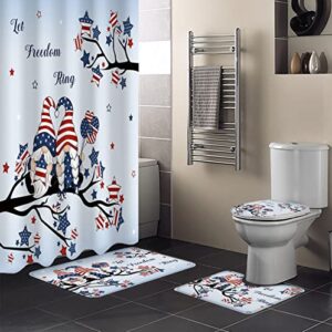 4pcs bath set home decor, freedom gnomes bathroom waterproof shower curtain with hook, 4th of july patriotic memorial flag day large runner rugs, toilet lid cover and u-shaped bath mat, 66"x72"