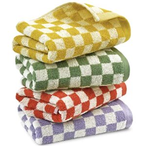 hand towels for bathroom 4 pack, cotton face towels soft absorbent for spa bath gym kitchen, hand towel set decorative checkered, 13 x 29 inches, 4 colors