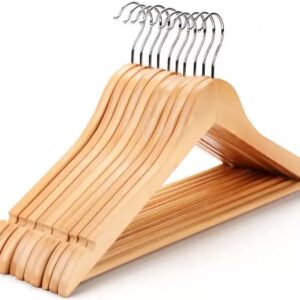 Wood Clothes Hanger Classic 10 Pack - Wooden Hangers 10 pcs - Slightly Curved Hanger Set - Solid Coat with Stylish Chrome Hooks - Heavy-Duty Clothes, Jacket, Shirt, Pants, Suit Hangers