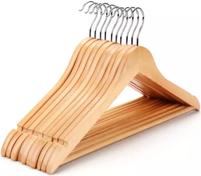 Wood Clothes Hanger Classic 10 Pack - Wooden Hangers 10 pcs - Slightly Curved Hanger Set - Solid Coat with Stylish Chrome Hooks - Heavy-Duty Clothes, Jacket, Shirt, Pants, Suit Hangers