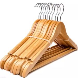 Wood Clothes Hanger Classic 10 Pack - Wooden Hangers 10 pcs - Slightly Curved Hanger Set - Solid Coat with Stylish Chrome Hooks - Heavy-Duty Clothes, Jacket, Shirt, Pants, Suit Hangers