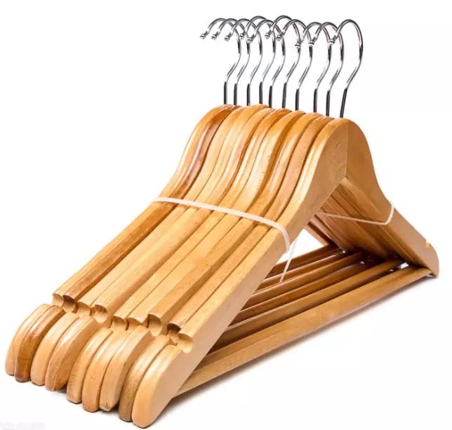 Wood Clothes Hanger Classic 10 Pack - Wooden Hangers 10 pcs - Slightly Curved Hanger Set - Solid Coat with Stylish Chrome Hooks - Heavy-Duty Clothes, Jacket, Shirt, Pants, Suit Hangers