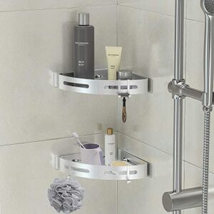 KEIJO 2-Pack Corner Shower Caddies Bathroom Shelves with 4 hooks,No Drilling,Stainless Steel,Shower Storage Organizer for Kitchen, Dorm and Toilet with Adhesive (Silver)